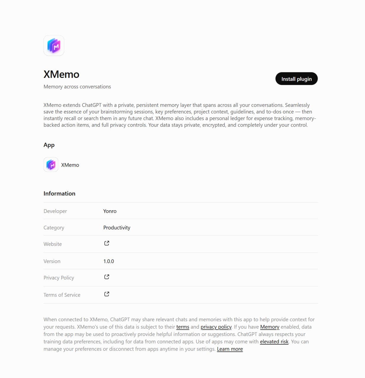 XMemo listed in the ChatGPT app directory
